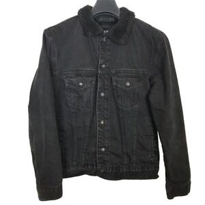 Zara Men Sherpa Lined Denim Tucker Jacket Sz M Black Button Up Cotton Modern